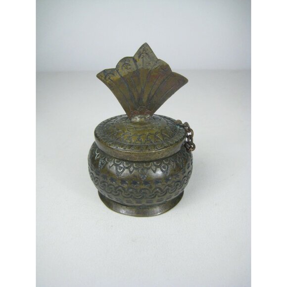 Vintage Brass Ornate Hinged Lidded Container Fan Handle Geometric Pattern - Picture 5 of 10